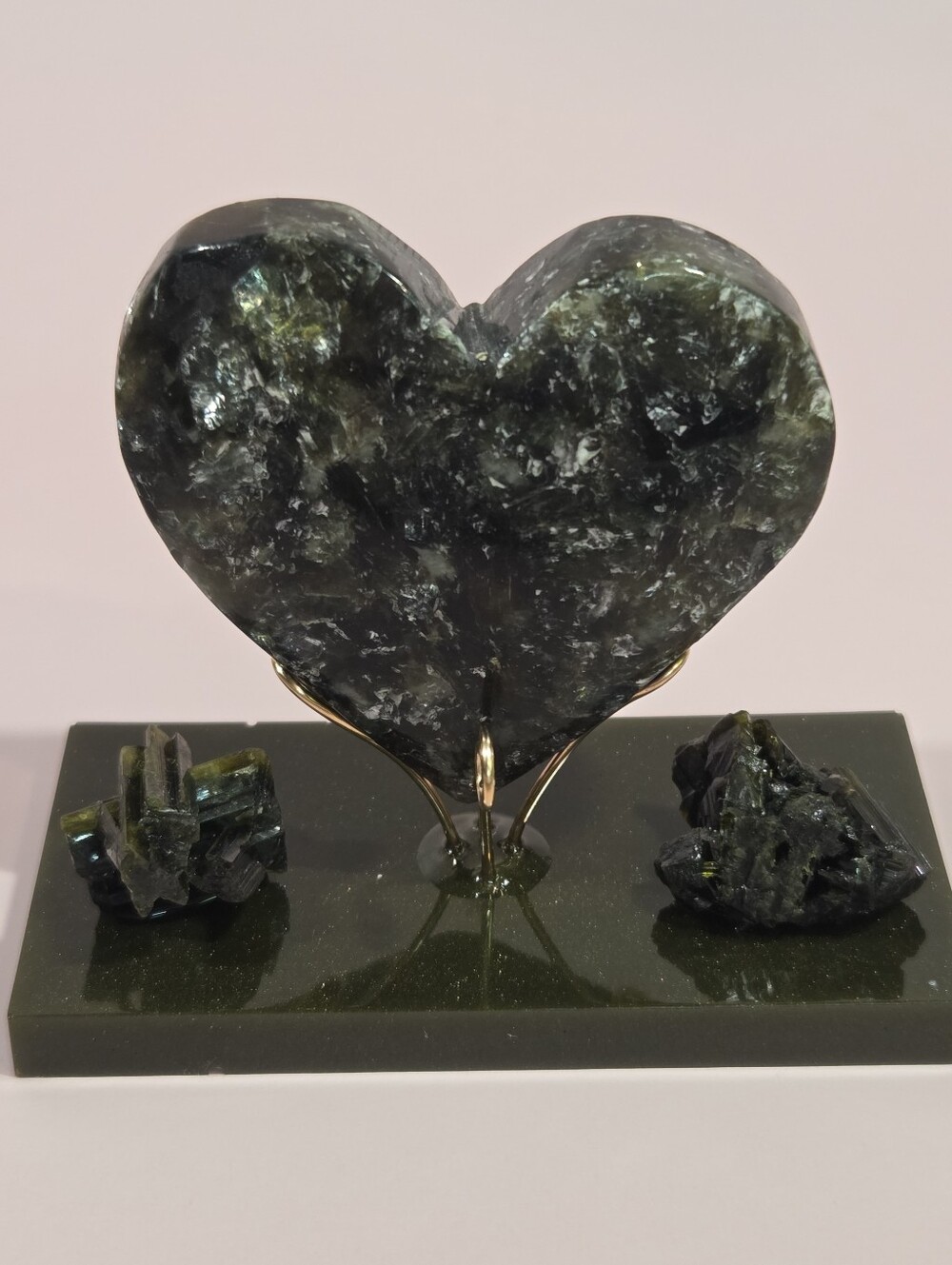 Natural Green Tourmaline/ Traces Of Garnet Gemstone Heart On Handmade Display